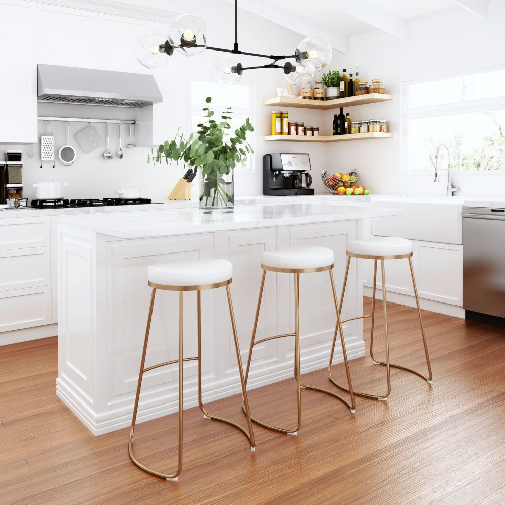 BARSTOOL ZUO BREE 101265 | Bar & Kitchen Stool | Gold & White | 100% Polyurethane | Faux Leather | Inside | Interior Bar Restaurant Cafetería Food Court Bar Breakfast Kitchen Bistro Set