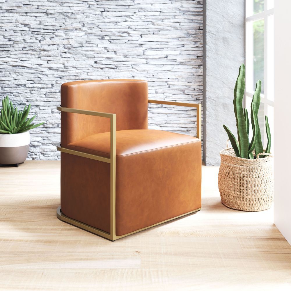 CHAIR ZUO XANDER 102053 | Accent Chair | Brown Gold | 100% Polyurethane | Faux Leather | Interio | Armchair Sofa Recliner Armchair Divan Upholstered Seat Living Room Home Home Waiting Room Office Living Room Set