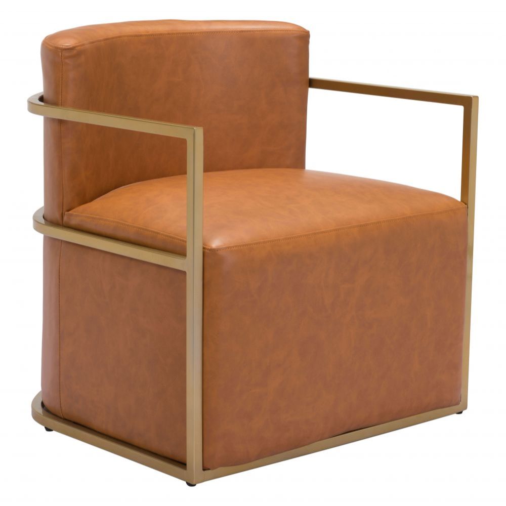 CHAIR ZUO XANDER 102053 | Accent Chair | Brown Gold | 100% Polyurethane | Faux Leather | Interio | Armchair Sofa Recliner Armchair Divan Upholstered Seat Living Room Home Home Waiting Room Office Living Room