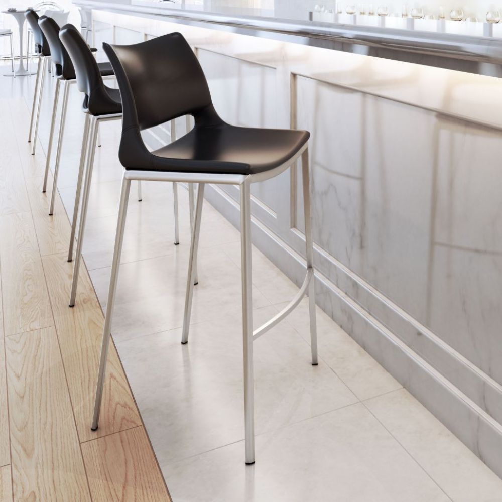 STOOL ZUO ACE 101284 | Barstool | Black | Silver | 100% Polyurethane | Faux Leather | Inside | Bar Restaurant Cafetería Food Court Bar Breakfast Kitchen Bistro Set