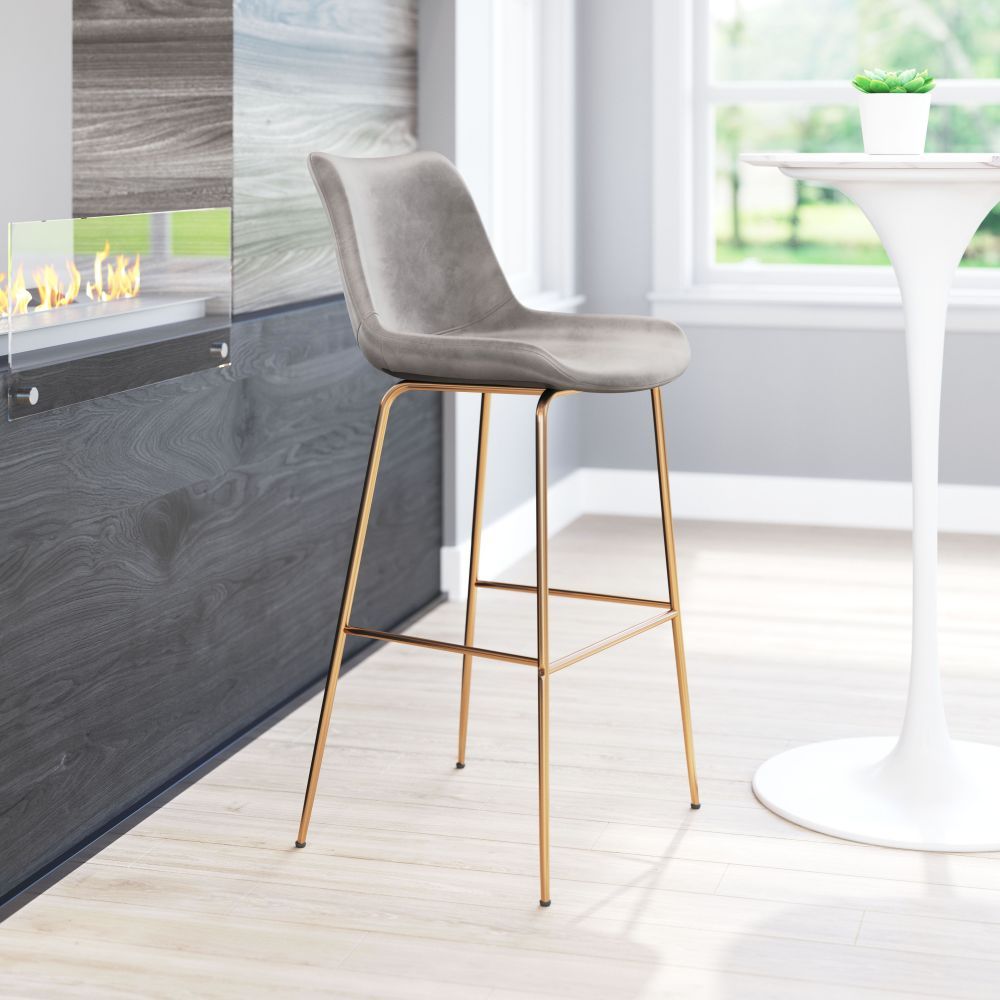 STOOL ZUO TONY 101756 | Barstool for Kitchen and Bar | Gold Gray | 100% Polyester | Fabric Velvet | Inside| Bar Restaurant Cafetería Food Court Bar Breakfast Kitchen Bistro Office Space Set