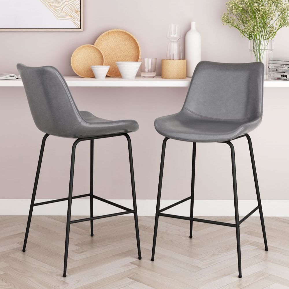 STOOL BYRON ZUO 101775 | Counter Stool for Kitchen and Dining | Gray Black | 100%Polyurethane | Faux Leathert | Inside | Bar Restaurant Cafetería Food Court Bar Breakfast Kitchen Bistro Office Space Set