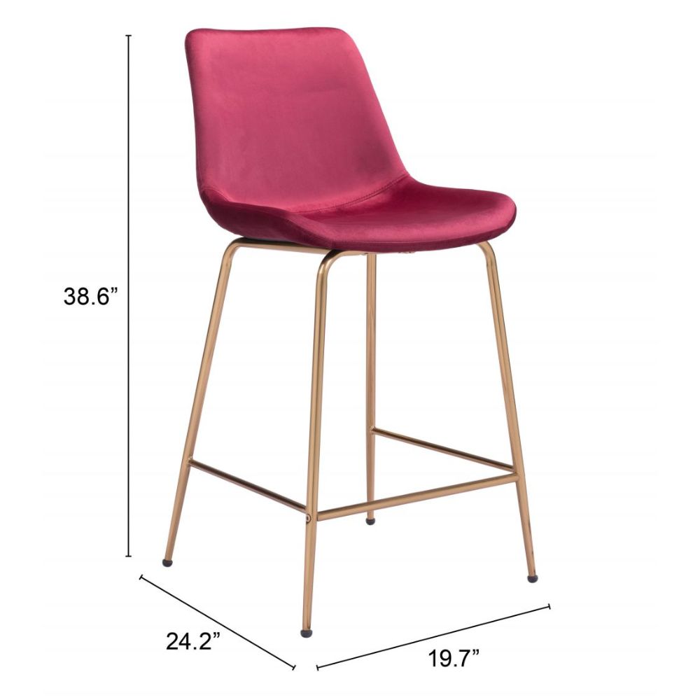 STOOL ZUO TONY 101764 | Counter Stool for Kitchen and Bar | Gold Red | 100% Polyester | Fabric Velvet | Inside | Bar Restaurant Cafetería Food Court Bar Breakfast Kitchen Bistro Office Space