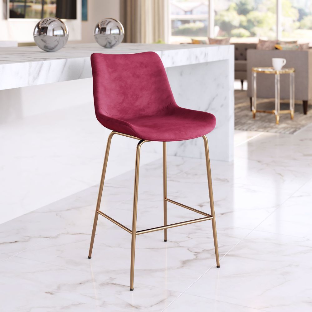 STOOL ZUO TONY 101764 | Counter Stool for Kitchen and Bar | Gold Red | 100% Polyester | Fabric Velvet | Inside | Bar Restaurant Cafetería Food Court Bar Breakfast Kitchen Bistro Office Space Set