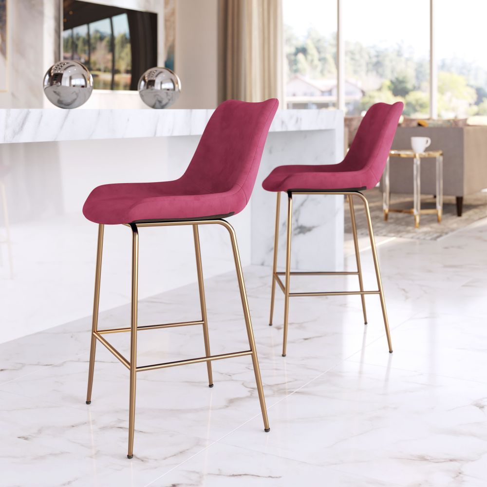 STOOL ZUO TONY 101764 | Counter Stool for Kitchen and Bar | Gold Red | 100% Polyester | Fabric Velvet | Inside | Bar Restaurant Cafetería Food Court Bar Breakfast Kitchen Bistro Office Space Set